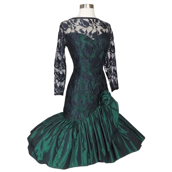 Vintage 80s Black Lace Green Long Sleeve Mermaid Full Skirt Prom Party Dress M - Picture 2 of 10